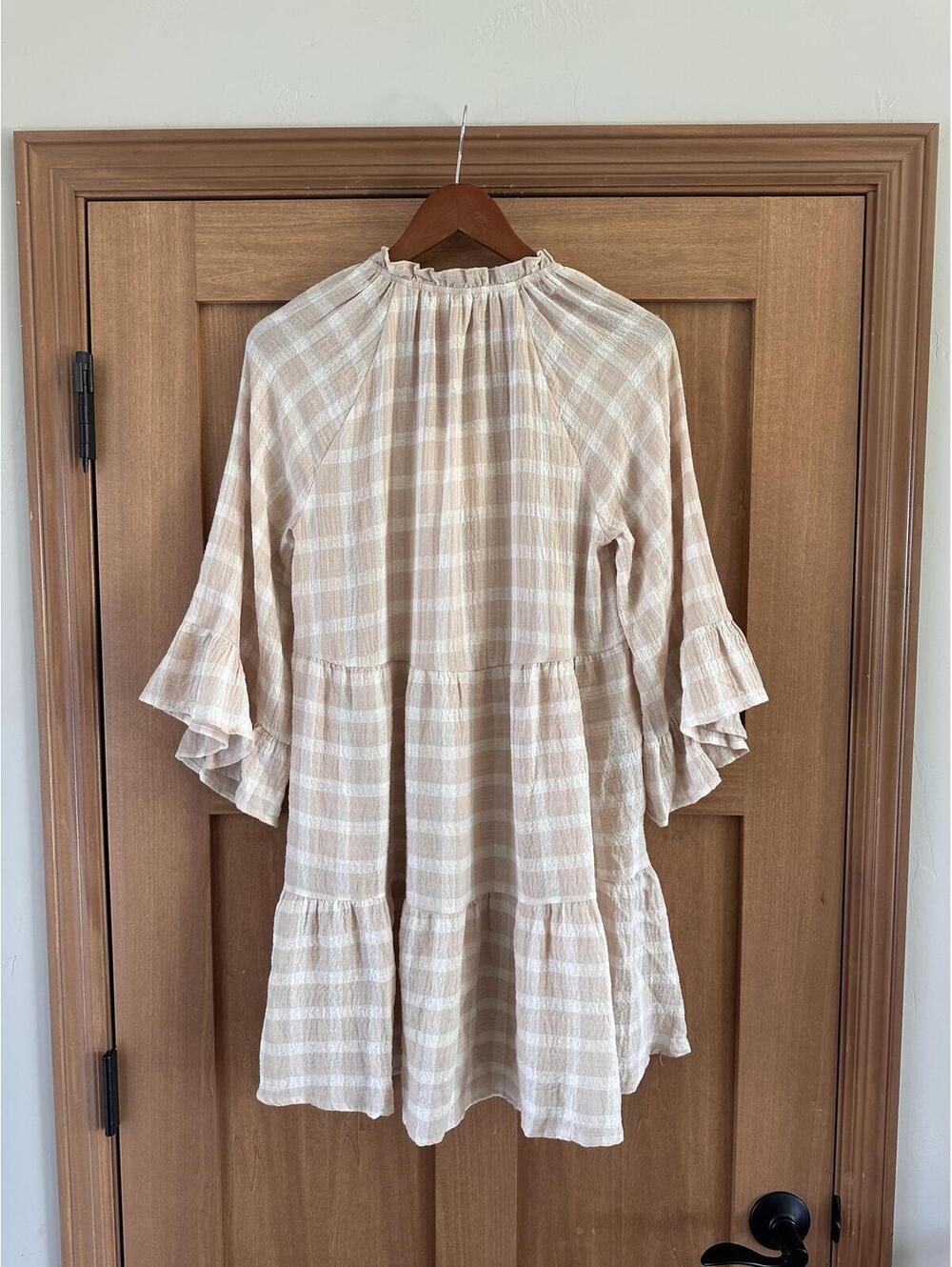 NWT Show Me Your MuMu Viola Plaid Bell Sleeve Mini Dress Beige/ Cream Women’s XS - Picture 7 of 15